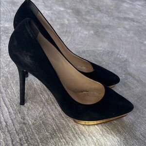 Charlotte Olympia Black Suede platform Pointed-Toe Stiletto Pumps with Gold Trim